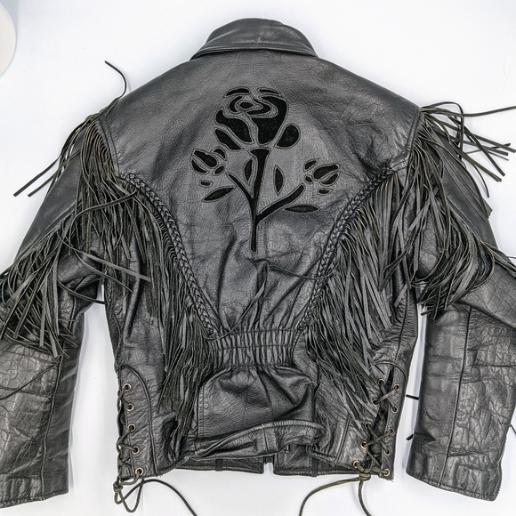 Vintage Jackets & Blazers - ✨SOLD✨Vintage Rose Fringe Leather Black Moto
